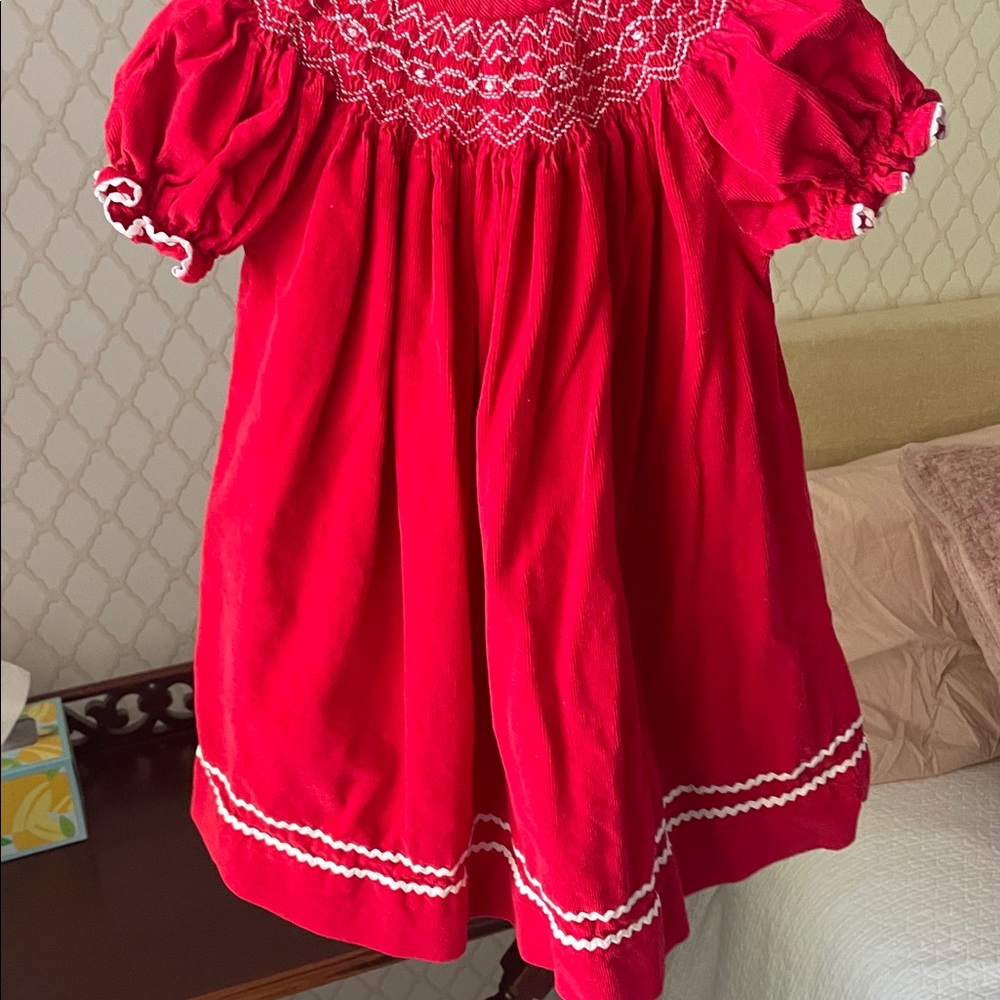 Southern Sunshine Kids Red Corduroy Dress with White Embroidery